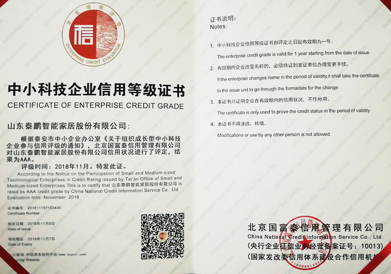 中小科技企业信用等级证书