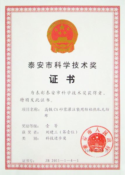 泰安市科学技术奖证书